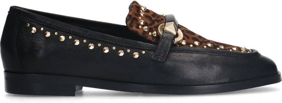 Manfield Dames Zwarte leren loafers met details Panterprint