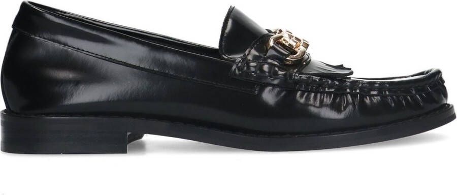 Manfield Dames Zwarte leren loafers met goudkleurige chain en kwastjes