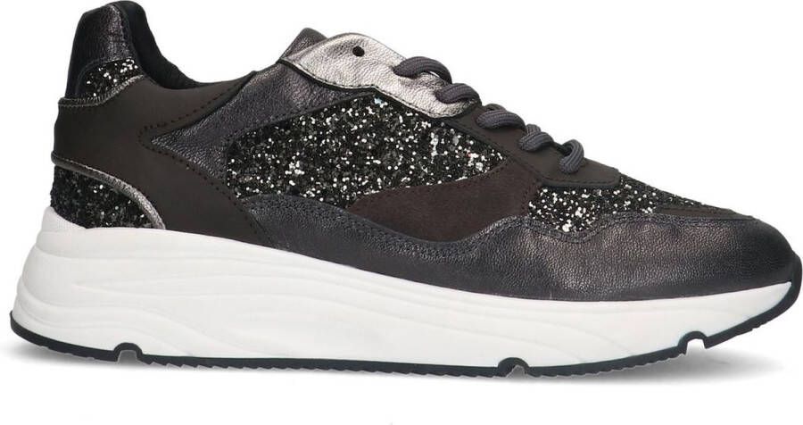 Manfield Dames Zwarte leren sneaker met glitters