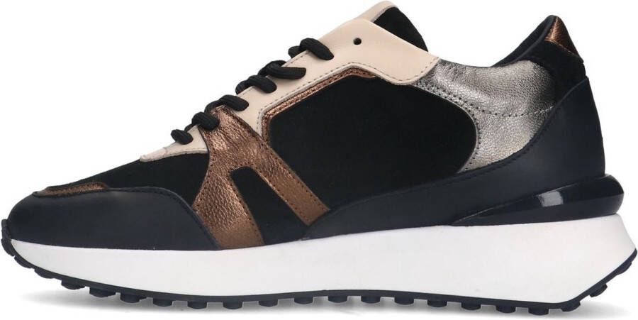 Manfield Dames Zwarte leren sneakers met bronze details