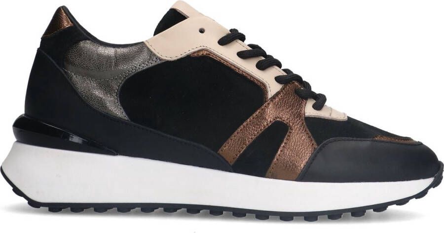 Manfield Dames Zwarte leren sneakers met bronze details