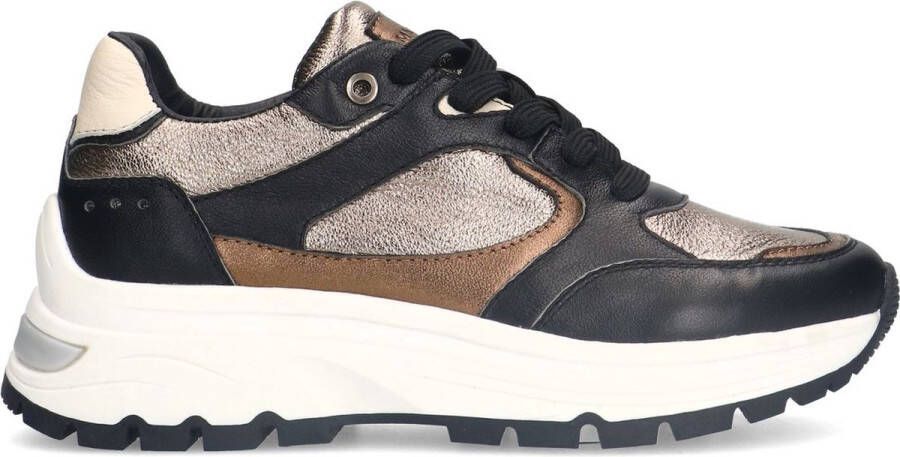 Manfield Dames Zwarte leren sneakers met gouden details