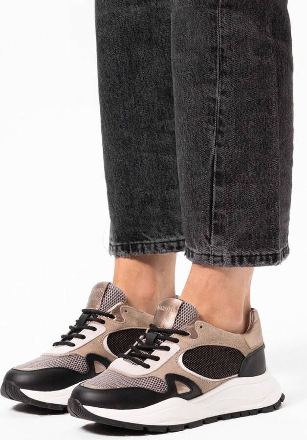 Manfield Dames Zwarte leren sneakers met mesh details