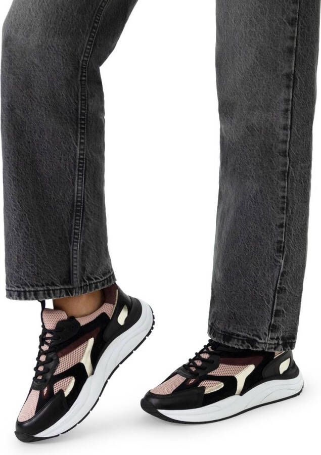 Manfield Dames Zwarte leren sneakers met roze details