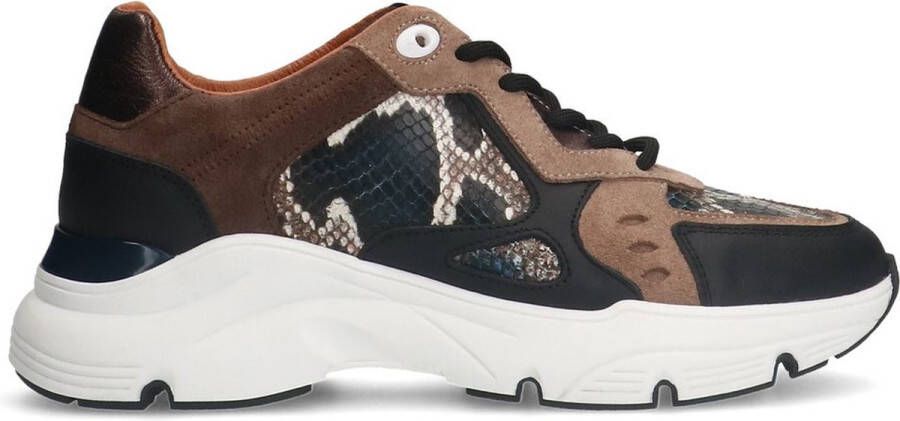 Manfield Dames Zwarte leren sneakers met slangenprint