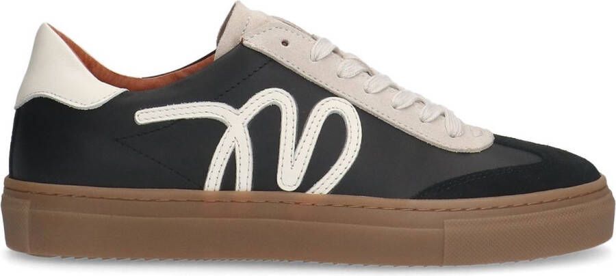 Manfield Dames Zwarte leren sneakers met suède details