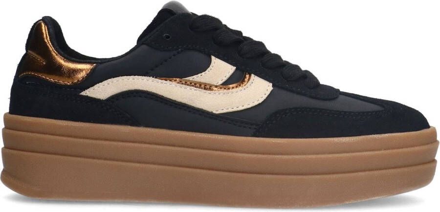 Manfield Dames Zwarte leren sneakers met suède details