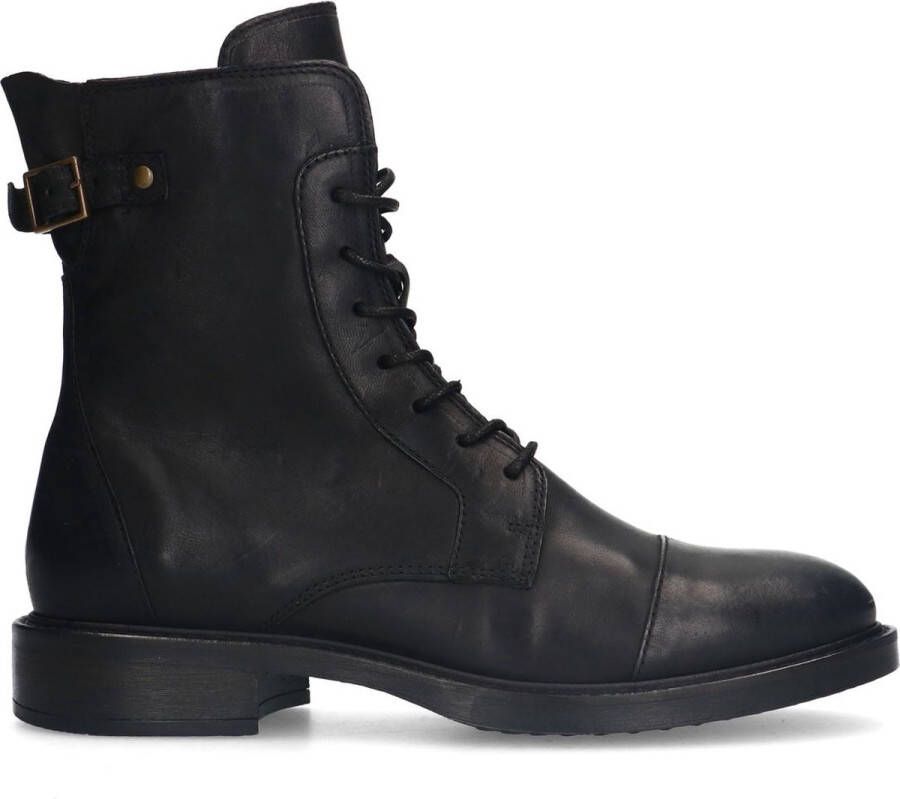 Manfield Dames Zwarte leren veterboots