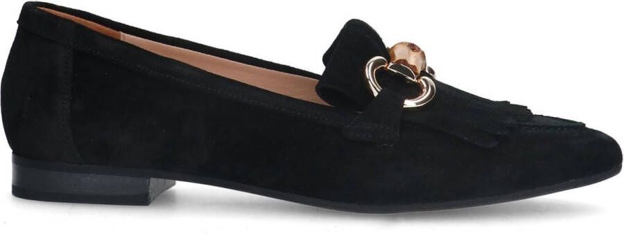 Manfield Dames Zwarte suède loafers met franjes