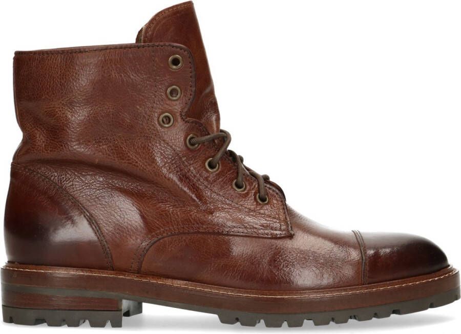 Manfield Heren Cognac leren veterboots met imitatiebont