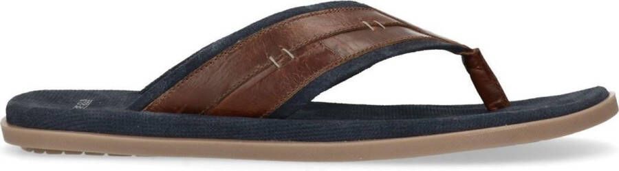 Manfield Heren Cognac slippers met donkerblauwe details