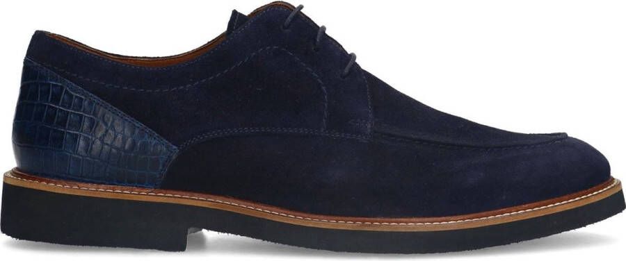 Manfield Heren Navy suède veterschoenen met croco details