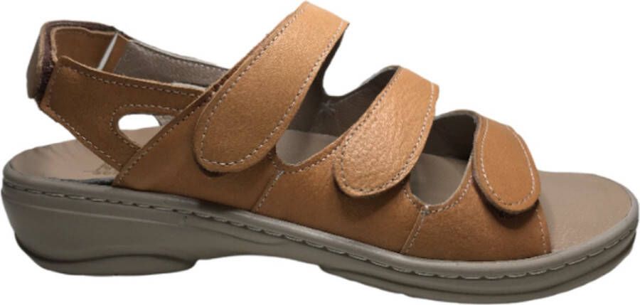 Manlisa platte lederen comfort sandalen 4 velcro's 504 camel geschikt losse steunzolen