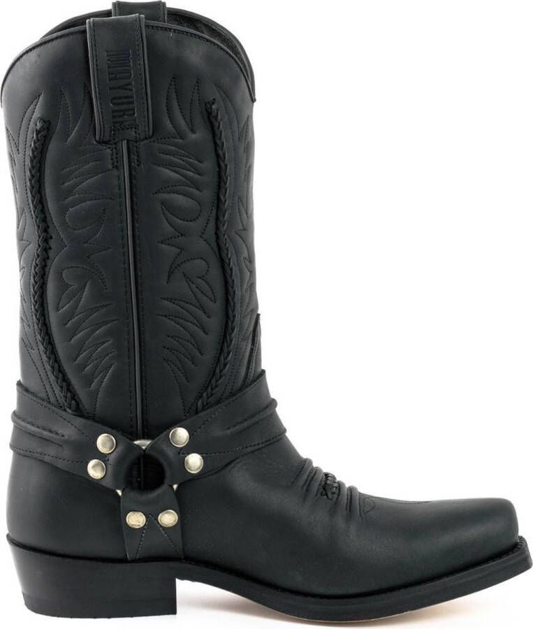 Mayura Boots 07 Zwart Motor Biker Western Spitse Laarzen Vlechtwerk Vast Spoor Gewaxt Leer