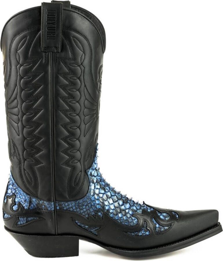 Mayura Boots 1935P Zwart Blauw Spitse Cow Western Laarzen Schuine Hak Rechte Schacht Treklussen Goodyear Welted