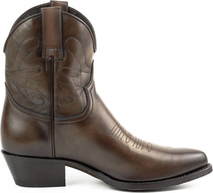 Mayura Boots 2374 Vintage Donker Bruin Dames Cowboy fashion Enkellaars Spitse Neus Western Hak Echt Leer