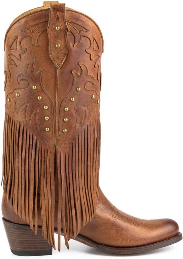 Mayura Boots 2475 Cognac Dames Boho Franjes Western Laarzen Sierstiksel Ronde Neus Schuine Hak Glanzend Leer