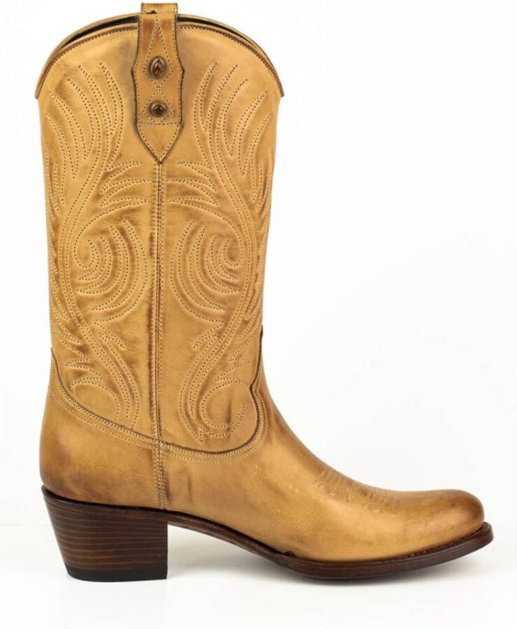 Mayura Boots 2526 Vanille Zandkleur Dames Boho Western Laarzen Blad Motief Sierstiksel Ronde Neus Schuine Hak Glad Leer