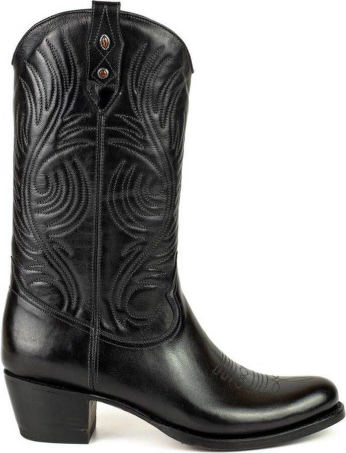 Mayura Boots 2526 Zwart Dames Boho Western Laarzen Blad Motief Sierstiksel Ronde Neus Schuine Hak Glad Leer