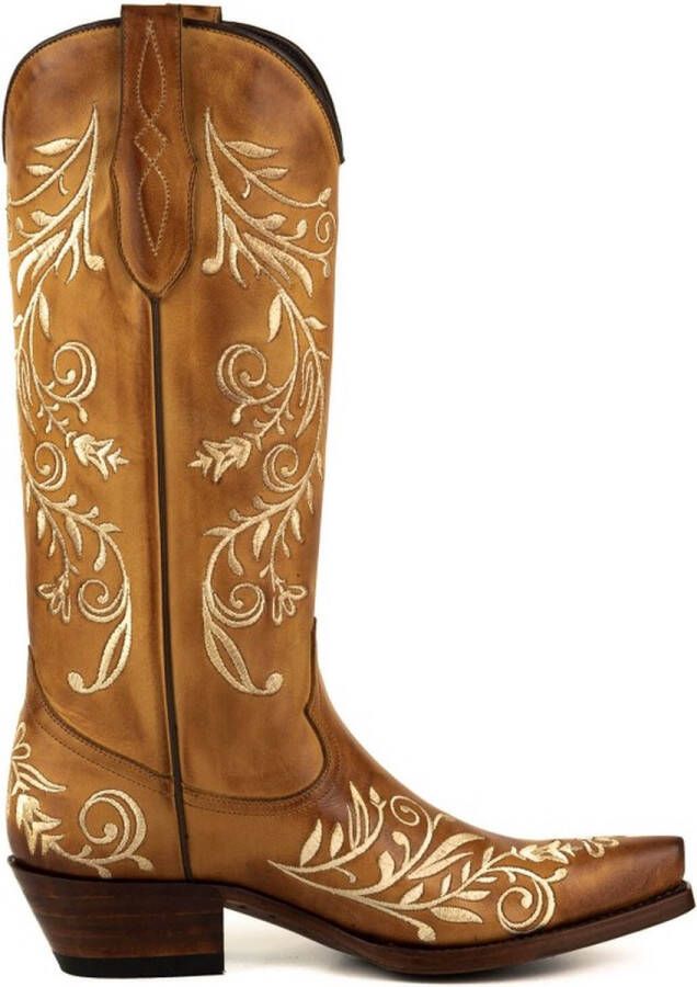 Mayura Boots 2669 Cogna Spitse Cowboy Western Line Dance Dames Creme Geborduurd Bloemmotief Laarzen Schuine Hak Echt Leer Borduren