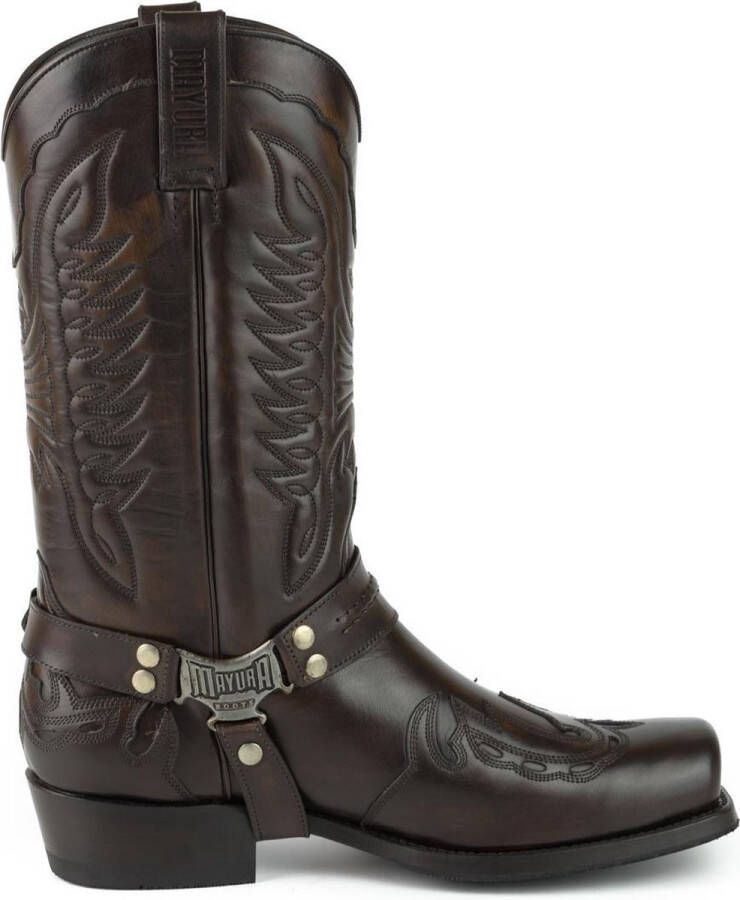 Mayura Boots Indian 2471 Kastanje Cowboy Biker Laarzen Heren Vierkante Neus Platte Hak Afneembaar Spoor Echt Leer