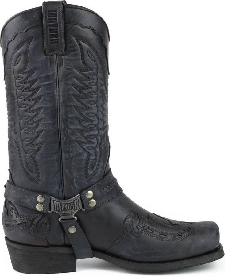 Mayura Boots Indian 2471 Zwart Cowboy Biker Laarzen Heren Vierkante Neus Platte Hak Afneembaar Spoor Echt Leer