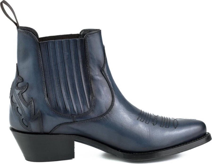 Mayura Boots Marilyn 2487 Marine Blauw Dames Cowboy Western Fashion Enklelaars Spitse Neus Schuine Hak Elastiek Sluiting Echt Leer