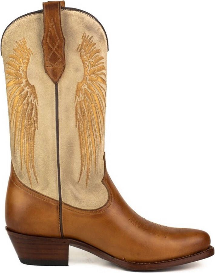 Mayura Boots WINGS 2666 Cognac Bruin Offwhite Creme Dames Western Laarzen Vleugels Sierstiksel Spitse Neus Schuine Hak Mat En Suede Leer