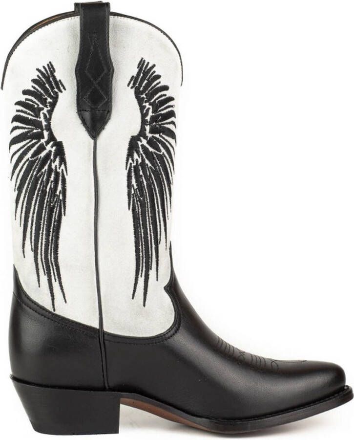 Mayura Boots WINGS 2666 Wit Zwart Dames Western Laarzen Vleugels Sierstiksel Spitse Neus Schuine Hak Mat En Suede Leer