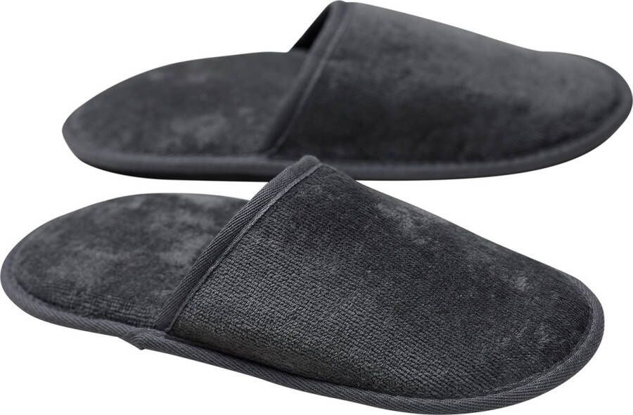 merkloos Velour Badstof slippers zonder siliconen noppen 100% biologisch katoen hotelslippers pantoffels dames en heren één maat gesloten antraciet