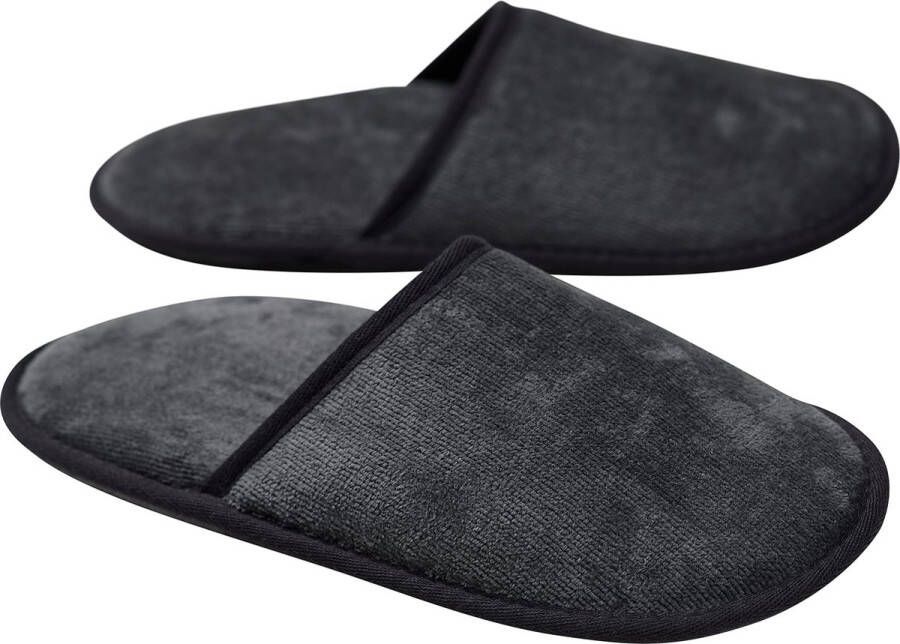 merkloos Velour Badstof slippers zonder siliconen noppen 100% biologisch katoen hotelslippers pantoffels dames en heren één maat gesloten antraciet zwart