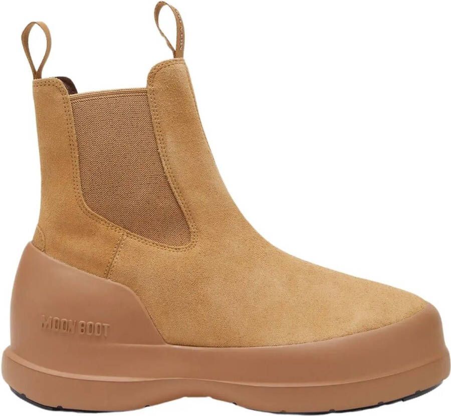 Moon boot Beige Suède Platte Schoenen met Oversized Rubberen Zool Beige Dames