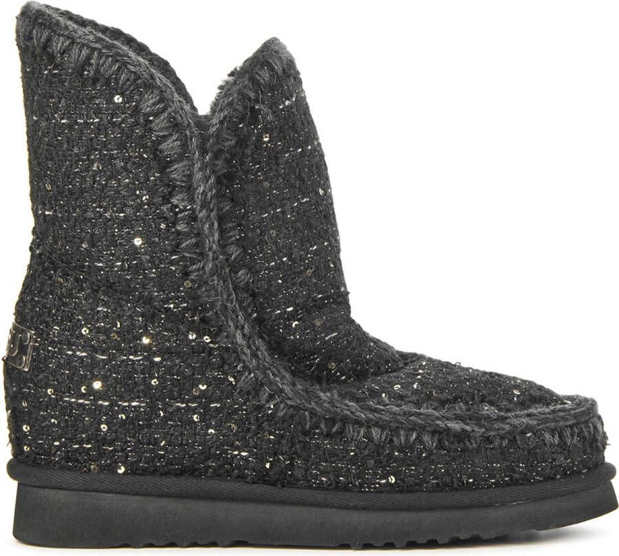 MOU Enkellaarsjes Dames Pantoffels Damesschoenen Canvas inner wedge tweed Zwart