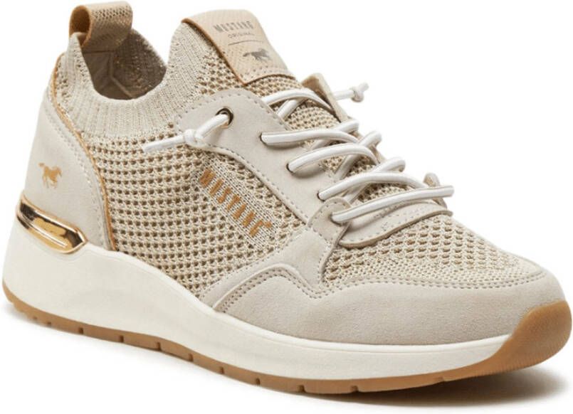 Mustang Beige Glitter Elastische Sneaker Beige Dames