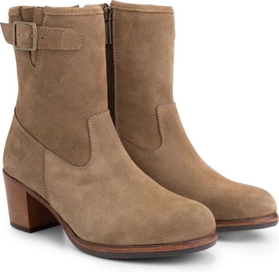 Mysa Poppy Suede Nette leren dames enkellaarzen op hak Taupe suede leer