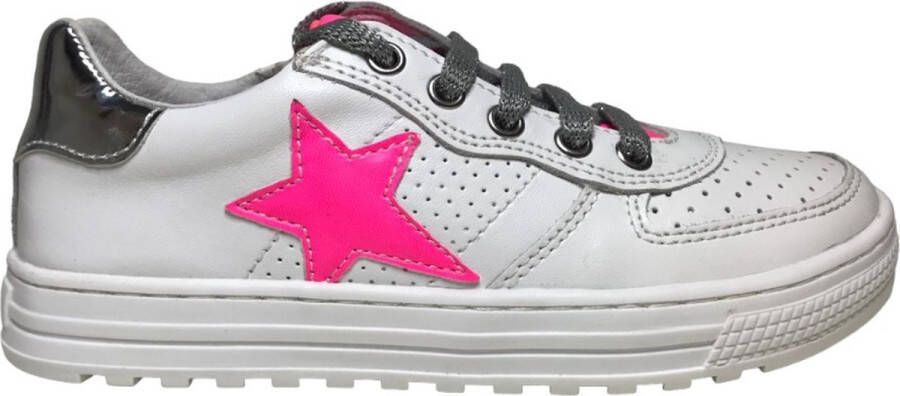 Naturino Hess veter rits fluo roze ster lederen sneakers wit zilver