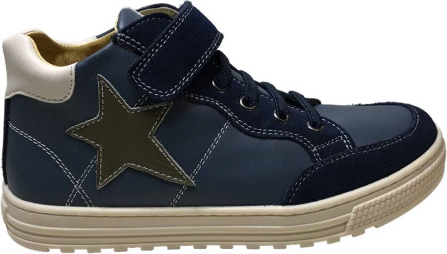 Naturino Penshaw velcro elastiek groene ster hoge lederen sneakers blauw navy wit