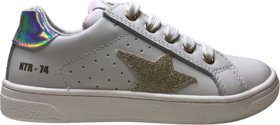 Naturino Pinn veter rits lederen sneakers bling gouden ster wit