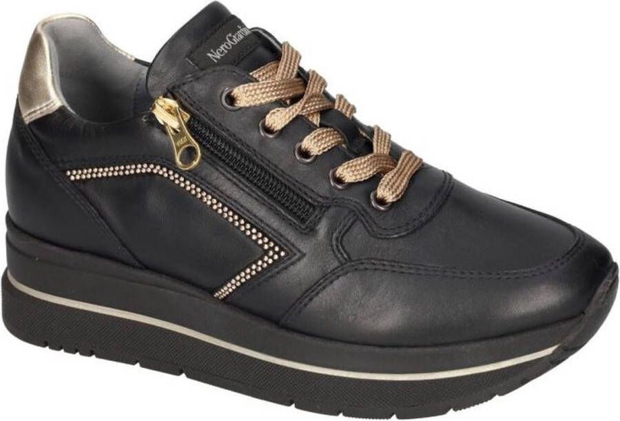 Nerogiardini Zwarte leren sneakers met zijrits Black Dames