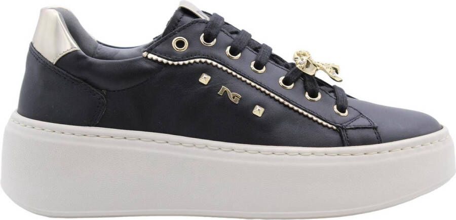 Nerogiardini Zwarte leren sneakers met gouden details Black Dames