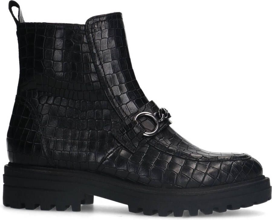 No Stress Dames Zwarte leren boots met crocoprint en chain