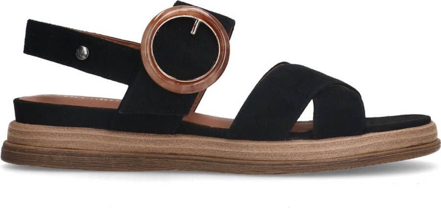 No Stress Dames Zwarte leren plateau sandalen met gesp