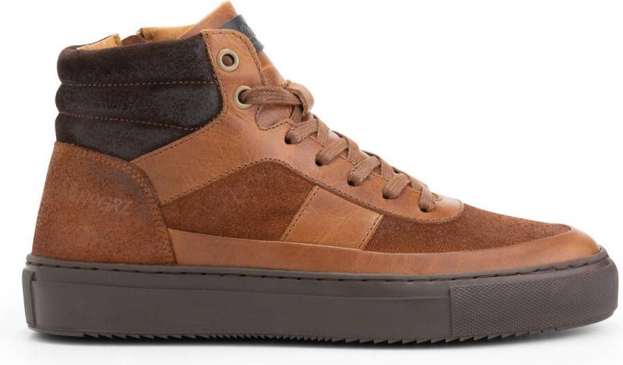 NoGRZ B.Longhena hoge leren damessneakers gevoerde veterschoenen Cognac Bruin Leer