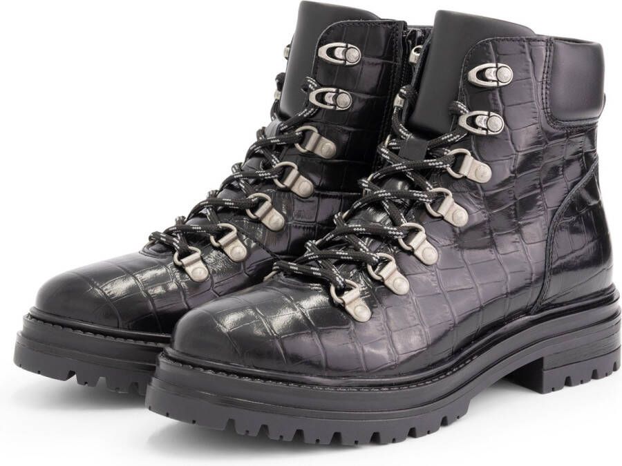 NoGRZ P.Cook Dames Leren enkelboots gevoerde veterschoenen Zwart Leer