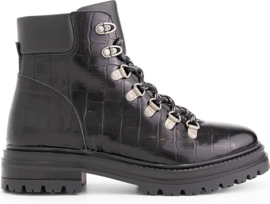 NoGRZ P.Cook Dames Leren enkelboots gevoerde veterschoenen Zwart Leer