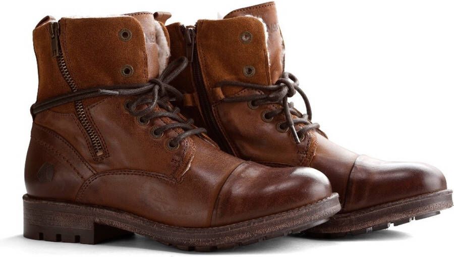 NoGRZ P.Post Dames Leren enkellaars Winter veterboots Wol gevoerd Cognac