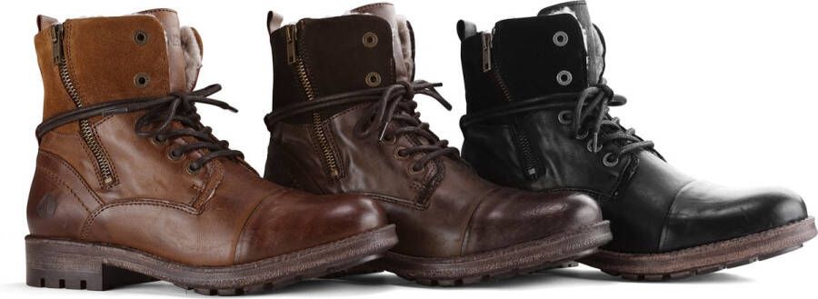 NoGRZ P.Post Dames Leren enkellaars Winter veterboots Wol gevoerd Zwart