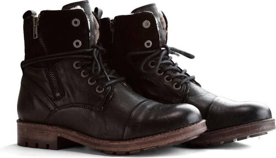 NoGRZ P.Post Dames Leren enkellaars Winter veterboots Wol gevoerd Zwart