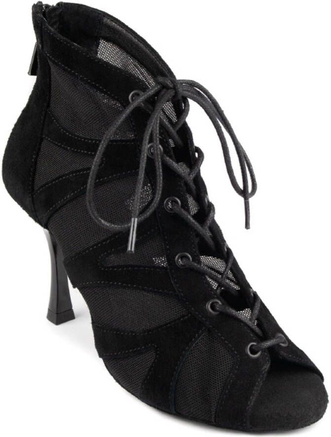 Portdance High Heels Latin Dames Dansschoenen PD819 Suede & Gaas Vetersluiting Open teen Enkelhoogte Rits achterkant Hoge hak Ventilatie en comfort Salsa Bachata Zouk Zwart Nubuck