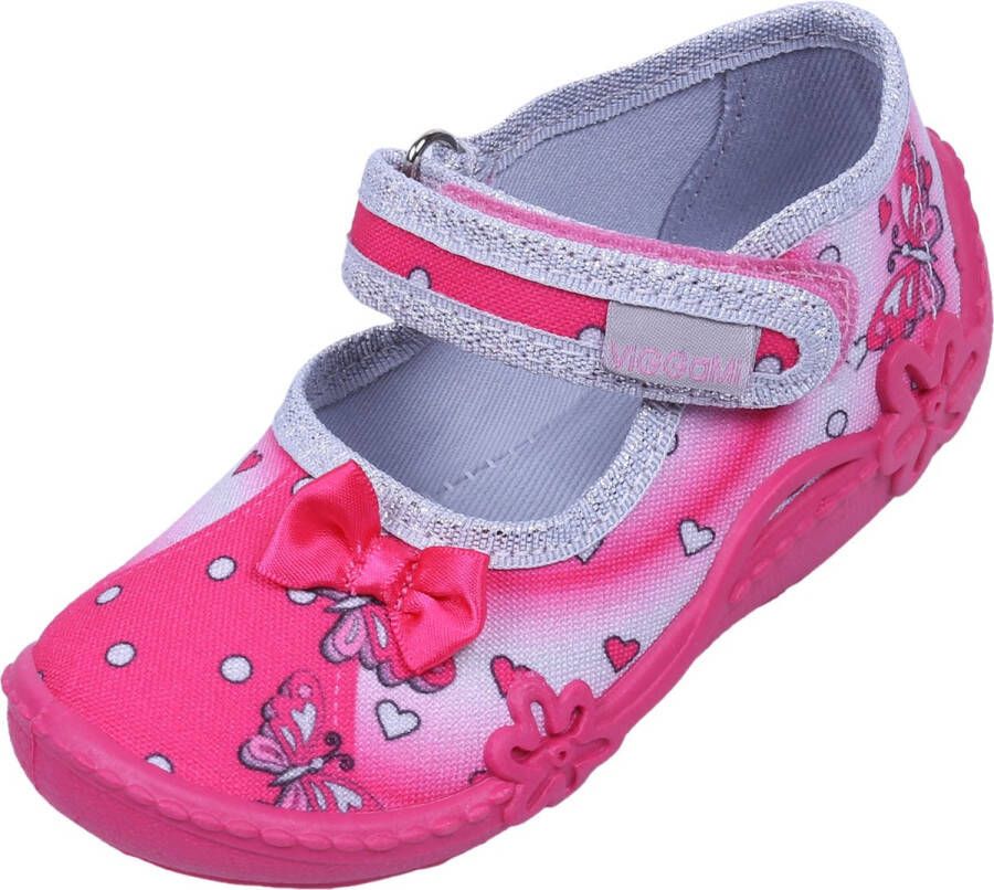 PRODUKT Roze en zilveren slippers met hartjes vlinders klittenbandsluiting ALA DRUK